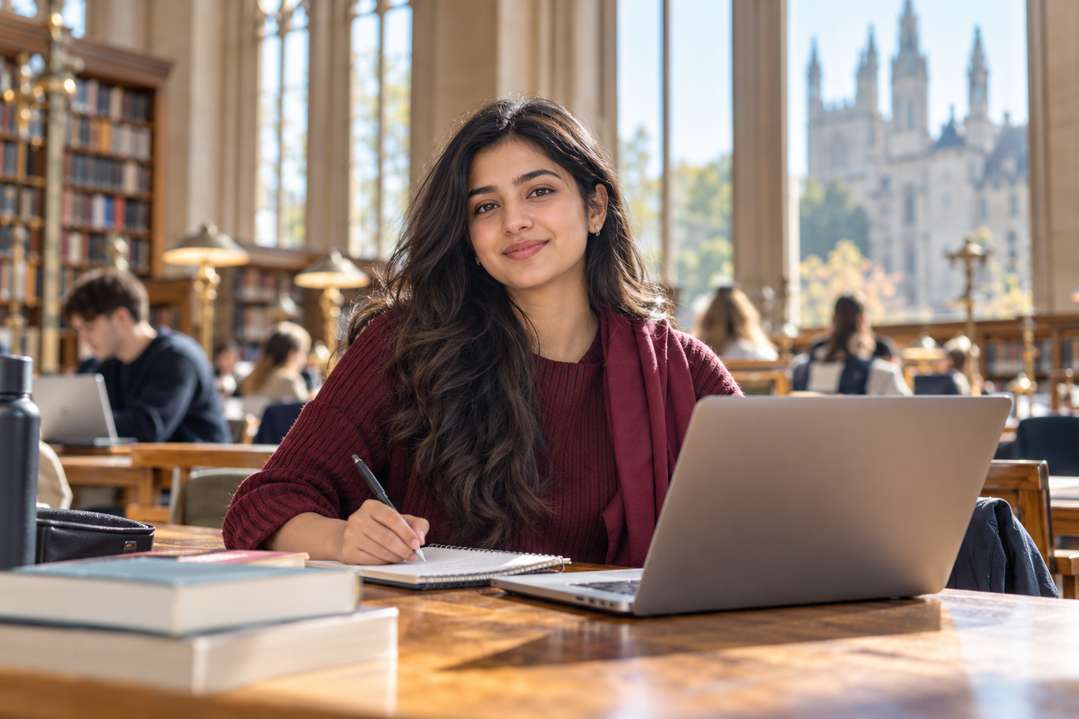 Pakistani international student studying in a UK university library
